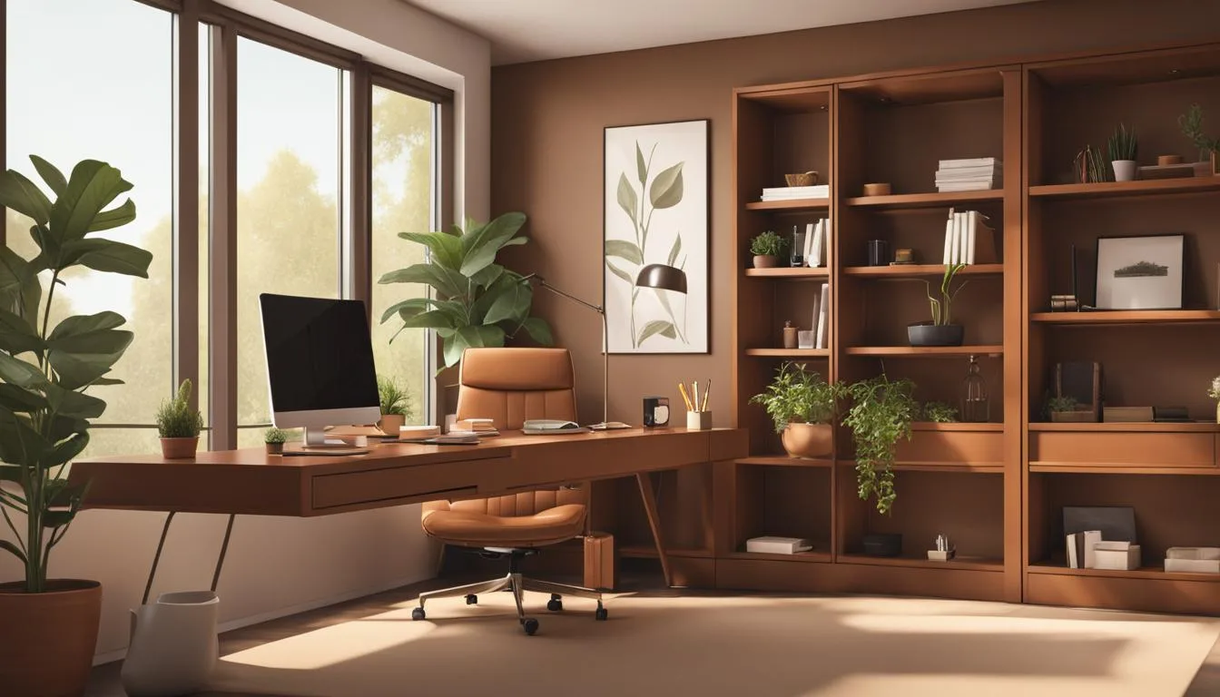 ديكور مكتب بسيط بلوحات بألوان محايدة لمساحة عمل أنيقة وحديثة